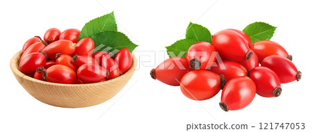 Rose hip in wooden bowl isolated on a white background with full depth of field. Top view. Flat lay. Rose hip in wooden bowl isolated on a white background with full depth of field. Top view. Flat lay. 121747053