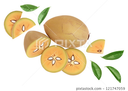Sapodilla isolated on white background with full depth of field. Top view. Flat lay Sapodilla isolated on white background with full depth of field. Top view. Flat lay 121747059