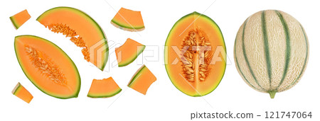 Cantaloupe melon isolated on white background with full depth of field. Top view. Flat lay Cantaloupe melon isolated on white background with full depth of field. Top view. Flat lay 121747064