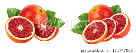 Blood red oranges with half and slice isolated on white background with full depth of field 121747066