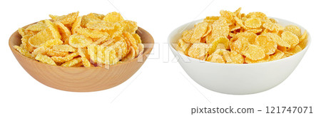 Cornflakes in wooden and ceramic bowl isolated on white background. 121747071