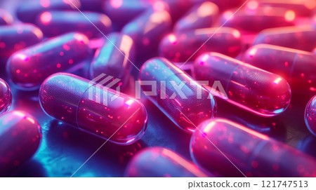 Close-up view of vibrant pink capsules scattered, medical concept background. Generative AI Close-up view of vibrant pink capsules scattered, medical concept background. Generative AI 121747513