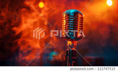 Neon Lit Microphone On Stage. Generative AI 121747515