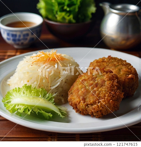 Plate of rice and patties with garnish on table.  121747615