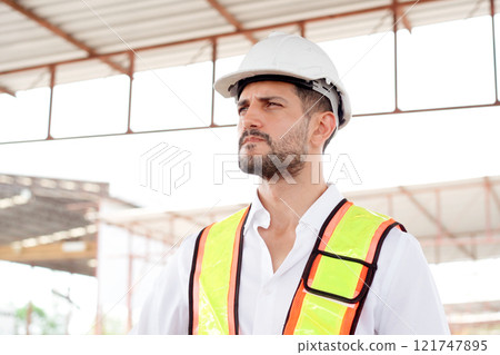 Senior Asian civil engineer performs the inspection at construction site, male engineer analyzing building data - information on a documents. Foreman making a survey at the site. Asian male engineer. 121747895
