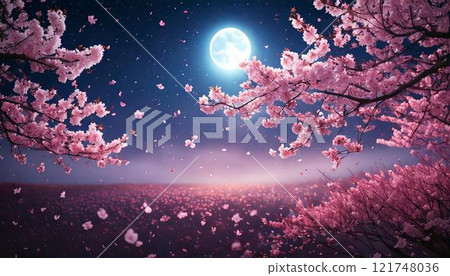 An illustration of cherry blossoms in full bloom at night, illuminated by the light of the full moon and with petals falling 121748036