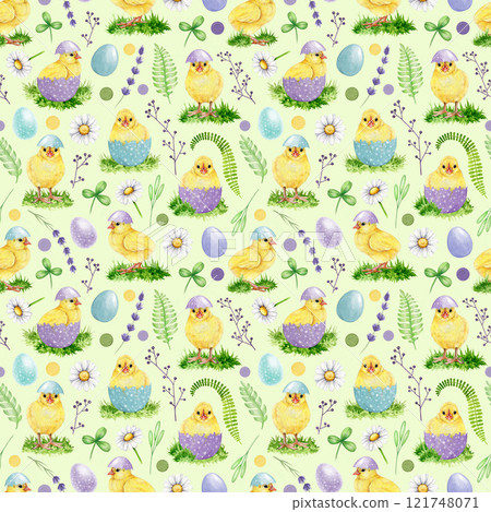 Easter seamless pattern with adorable chicks, painted eggs, daisies and spring elements. Hand drawn vintage style watercolor illustration. Perfect for Easter decor, spring crafts and festive designs Easter seamless pattern with adorable chicks, painted eggs, daisies and spring elements. Hand drawn vintage style watercolor illustration. Perfect for Easter decor, spring crafts and festive designs 121748071