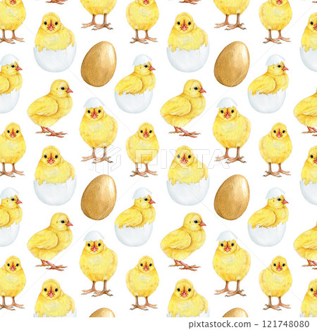 Cute yellow chicks, eggs seamless pattern hand-painted illustration in vintage style on a white background. Perfect for Easter designs, spring decor, baby showers, kids projects and rustic-themed art Cute yellow chicks, eggs seamless pattern hand-painted illustration in vintage style on a white background. Perfect for Easter designs, spring decor, baby showers, kids projects and rustic-themed art 121748080