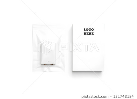 Blank white battery in cardboard pack mockup, front and back, isolated, 3d rendering. Empty batteries in plastic box mock up, top view. Clear disposable accumulator with wrapping template. 121748184