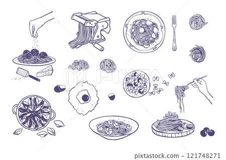 Set of different Italian pasta and pasta making machine 121748271