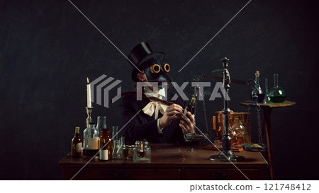 Plague doctor, blending mystery and history, surrounded by glowing flasks and aged glass bottles in dimly lit workspace. 121748412
