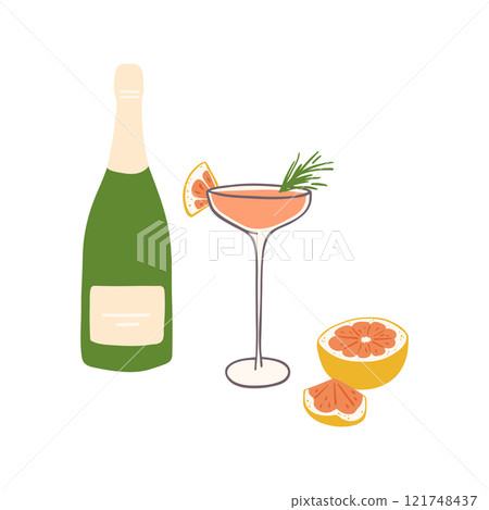 Hand drawn mimosa cocktail and ingredients composition 121748437