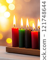 Close-up of Kwanzaa candles burning on the Kinara creates a festive and peaceful atmosphere 121748644
