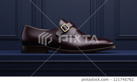 Elegant display of dark brown leather shoes with gold buckles against a stylish navy blue backdrop Elegant display of dark brown leather shoes with gold buckles against a stylish navy blue backdrop 121748762