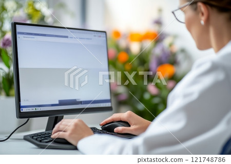 Clinic receptionist engages with computer, providing assistance in a vibrant medical environment 121748786