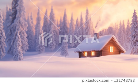 Cozy snow-covered cabin in a tranquil forest with golden light glowing from windows during winter 121748788