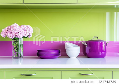 Modern kitchen featuring lime green cabinets and a striking dark purple backsplash with violet kitchenware on display 121748789