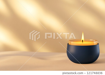 Luxurious navy blue candle casting warm light and soft shadows in an elegant setting Luxurious navy blue candle casting warm light and soft shadows in an elegant setting 121748836