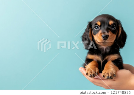 Dachshund puppy resting comfortably in a veterinarians hands in a bright clinic 121748855