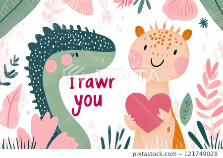 Cute dinosaur illustration expressing love with playful heart design and whimsical characters Cute dinosaur illustration expressing love with playful heart design and whimsical characters 121749028