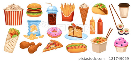 Cartoon street food. Fast, junk meal, deep fried snacks, high cholesterol, obesity, pizza and burger, hot dog, french fries, chips, sweet cake and ice cream, sushi and popcorn tidy vector set 121749069