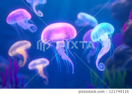 A vibrant group of neon jellyfish and bioluminescent seahorses floating in a sunlit ocean with coral formations A vibrant group of neon jellyfish and bioluminescent seahorses floating in a sunlit ocean with coral formations 121749116