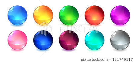 Color marbles. Shiny glossy game asset, multicolored glass balls, transparent colored spheres, cartoon 3d toys, multicolored bubbles shots items, buttons tidy vector realistic isolated set Color marbles. Shiny glossy game asset, multicolored glass balls, transparent colored spheres, cartoon 3d toys, multicolored bubbles shots items, buttons tidy vector realistic isolated set 121749117