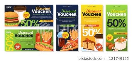 Discount coupons for street food. Fast food sale vouchers template, french fries, burgers, pizza and cake, junk meal, advertising banner design, cartoon flat isolated tidy vector set 121749135
