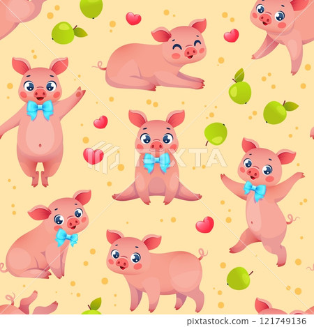 Funny farm piglets seamless pattern. Pink little porks having fun, playing, repeated cute animals, cartoon kids mascots. Decor textile, wrapping, wallpaper. Print for fabric, vector background Funny farm piglets seamless pattern. Pink little porks having fun, playing, repeated cute animals, cartoon kids mascots. Decor textile, wrapping, wallpaper. Print for fabric, vector background 121749136