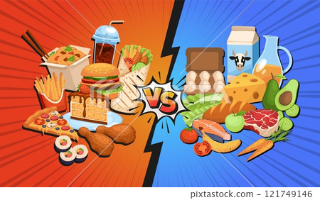 Healthy versus junk food. Fitness organic nutrition opposes unhealthy lifestyle, fast meal, balanced diet products, choice and dilemma, compare cartoon flat isolated tidy vector concept 121749146