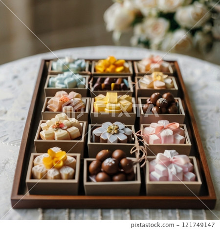 Assorted treats in decorative gift boxes on a wooden tray. Assorted treats in decorative gift boxes on a wooden tray. 121749147