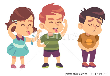 Kids bullying. Verbal and physical social conflict between children, battle abuse, quarrel and mocking classmate, aggressor and victim in school, vector characters cartoon flat illustration Kids bullying. Verbal and physical social conflict between children, battle abuse, quarrel and mocking classmate, aggressor and victim in school, vector characters cartoon flat illustration 121749152