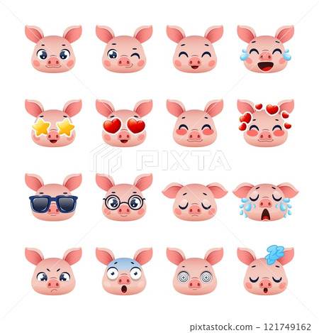 Pig faces emotions. Emoji heads, funny little pork, smiles, tears, anger, sleep, farm cute animals, different moods for messages, emotion expression cartoon flat isolated vector set 121749162
