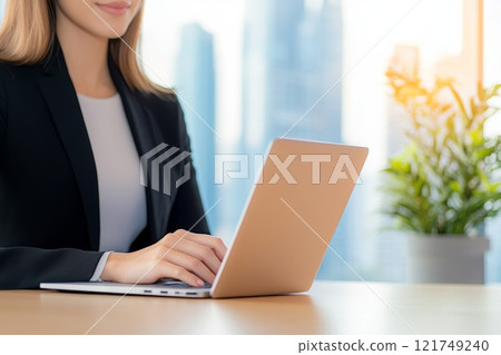 A Professional Woman is Actively Engaged in Working on Her Laptop in a Modern Office Environment A Professional Woman is Actively Engaged in Working on Her Laptop in a Modern Office Environment 121749240