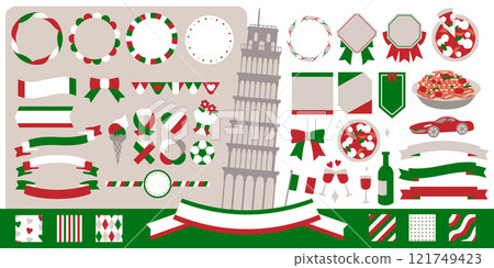 Leaning Tower of Pisa stylish Italian tricolor design frame vector illustration set 121749423