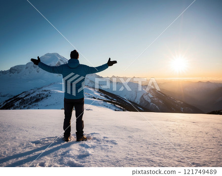 Male hiker with arms up standing on the top of the mountain. Male hiker with arms up standing on the top of the mountain. 121749489