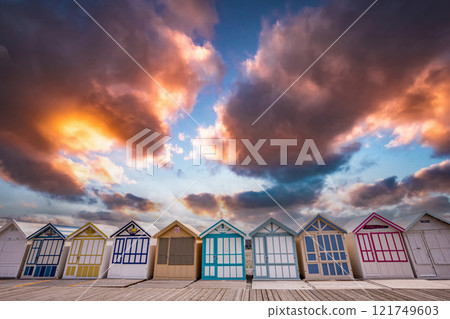 Colorful beach huts in Cayeux, Normandy, France 121749603