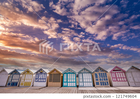 Colorful beach huts in Cayeux, Normandy, France 121749604