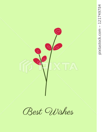 Red flowers on green background. Spring floral template. Frame for invitation or greeting card with best wishes. 121749784