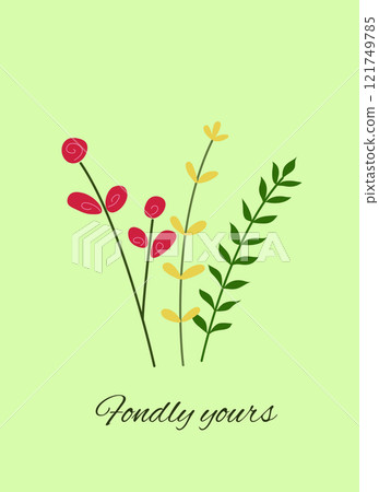 Spring floral template. Flowers on green background, with saying Fondly yours. Delicate colorful card. 121749785