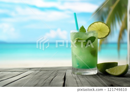 fresh green cocktail on tropical beach in summer 121749810