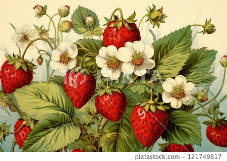 vintage summer background with fresh strawberry illustration 121749817