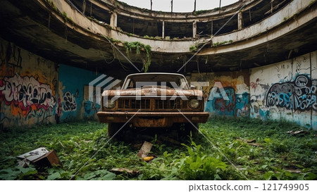 post-apocalyptic photo of an old car 121749905