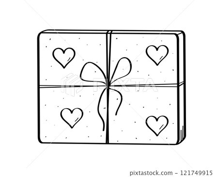 Gift box doodle icon with hearts. Vector illustration of Valentine's Day or wedding greeting card concept. 121749915