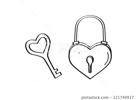 Heart shaped lock with a key doodle icon. Vector illustration of the concept of mutual love, Valentine's Day. 121749917