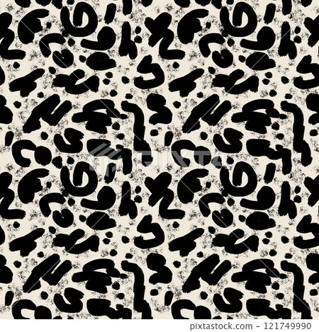 Seamless hand drawn beige brown abstract pattern. Monochrome geometric lines spirals dots curves. For modern minimalist decor wrapping paper textile wallpaper contemporary style. Midcentury modern 121749990