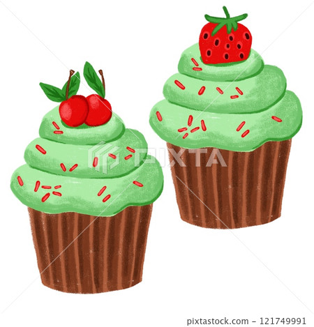 Hand drawn illustration of red green desserts, sweet tasty candy cupcake. Cute trendy design, colorful fruit baking bakery party food, sugar recipe cooking. Strawberry cherry topping. Hand drawn illustration of red green desserts, sweet tasty candy cupcake. Cute trendy design, colorful fruit baking bakery party food, sugar recipe cooking. Strawberry cherry topping. 121749991