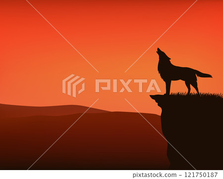 vector wilderness landscape with howling wolf and dramatic sunset sky vector wilderness landscape with howling wolf and dramatic sunset sky 121750187