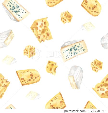 watercolor cheese seamless pattern isolated on white background. Hand drawn illustration for fabric, textile, kitchenware, design. watercolor cheese seamless pattern isolated on white background. Hand drawn illustration for fabric, textile, kitchenware, design. 121750199