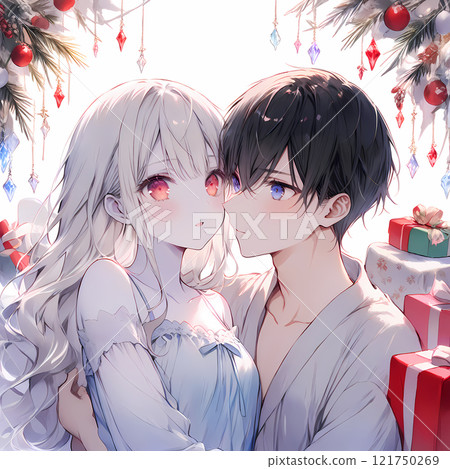 Young man and woman kissing. Love between an albino girl and a blue-eyed young man. AI illustration in manga style 121750269